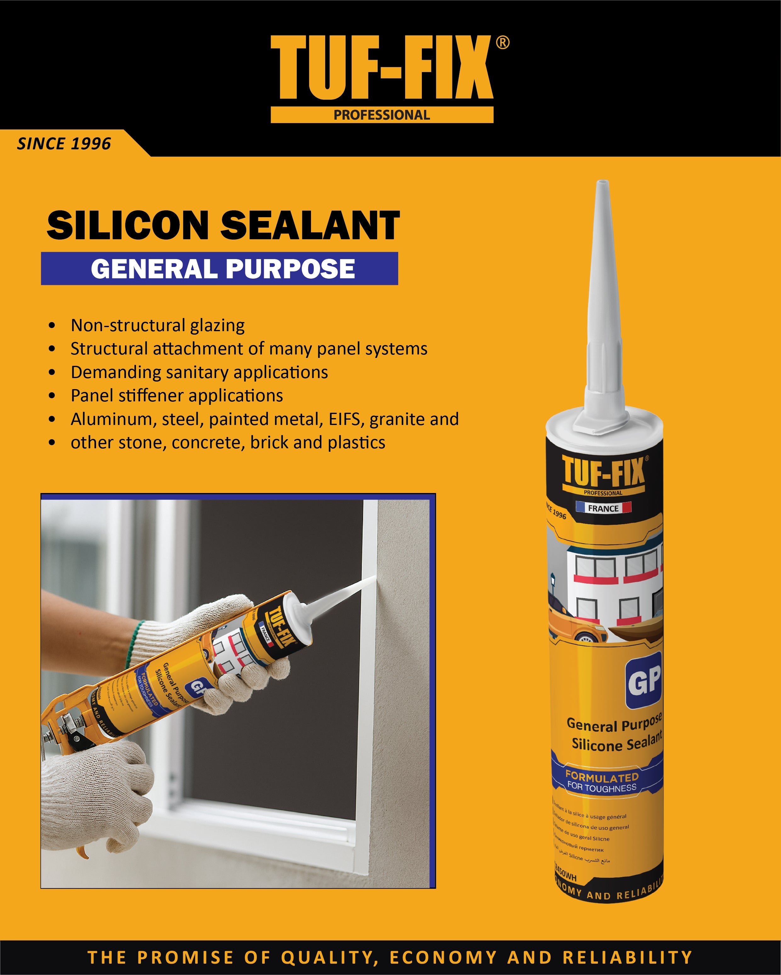 TUF-FIX General Purpose GP Silicon Sealant cartridge for window glazing and joint sealing in Muscat Oman.
سيليكون سيلنت تاف فيكس عام الاستخدام GP خرطوشة لاصق وفواصل لتركيب النوافذ في مسقط عمان
