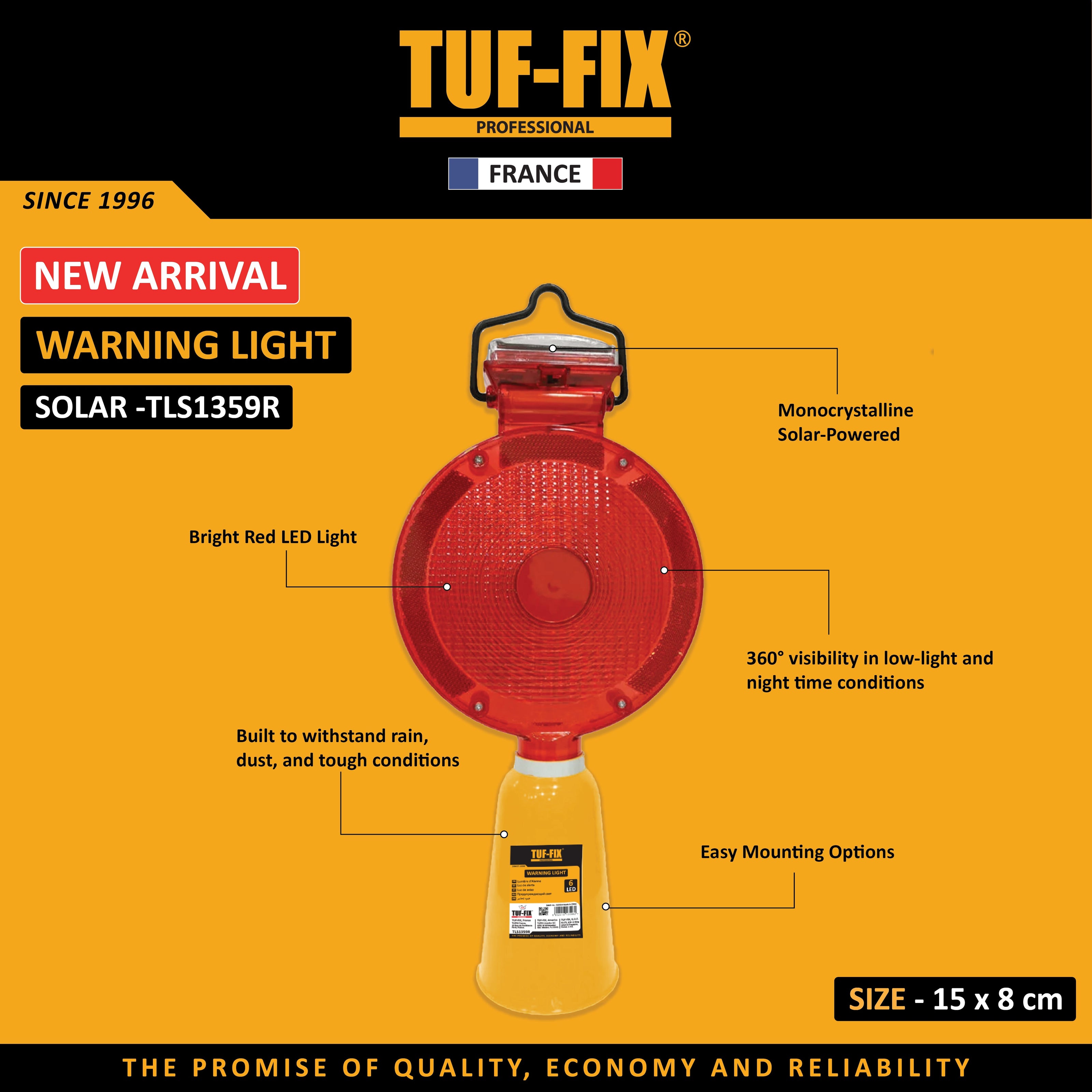 TUF-FIX Solar-TLS1359R red LED solar warning light for road barricades and traffic safety in Oman.
مصباح تحذيري شمسي أحمر LED من TUF-FIX Solar-TLS1359R لحواجز الطرق وسلامة المرور في عمان