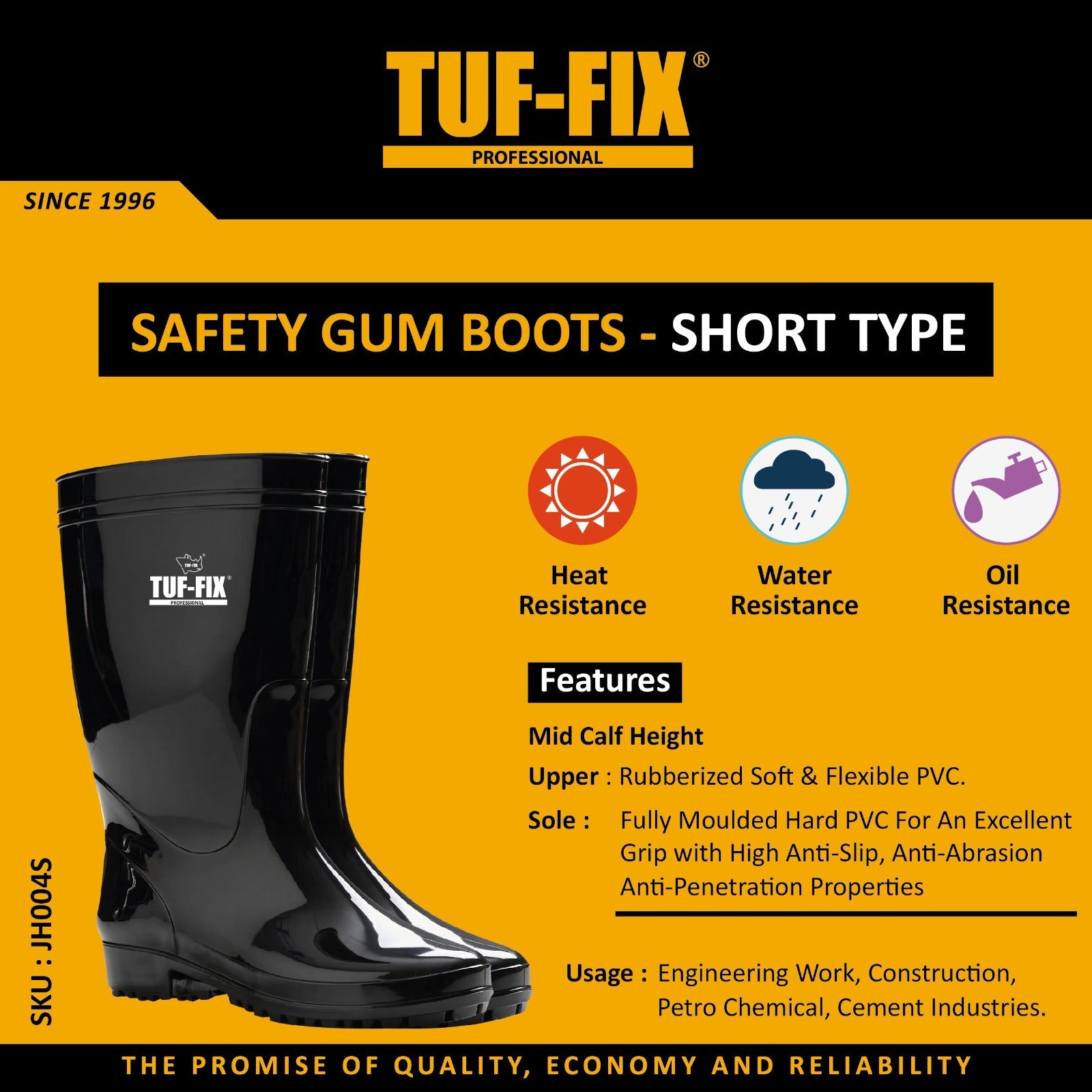 TUF-FIX short safety gum boots with mid-calf flexible PVC upper and slip-resistant sole in Oman.
أحذية سلامة مطاطية قصيرة (بوت) TUF-FIX بطول منتصف الساق مع نعل مانع للانزلاق في عمان