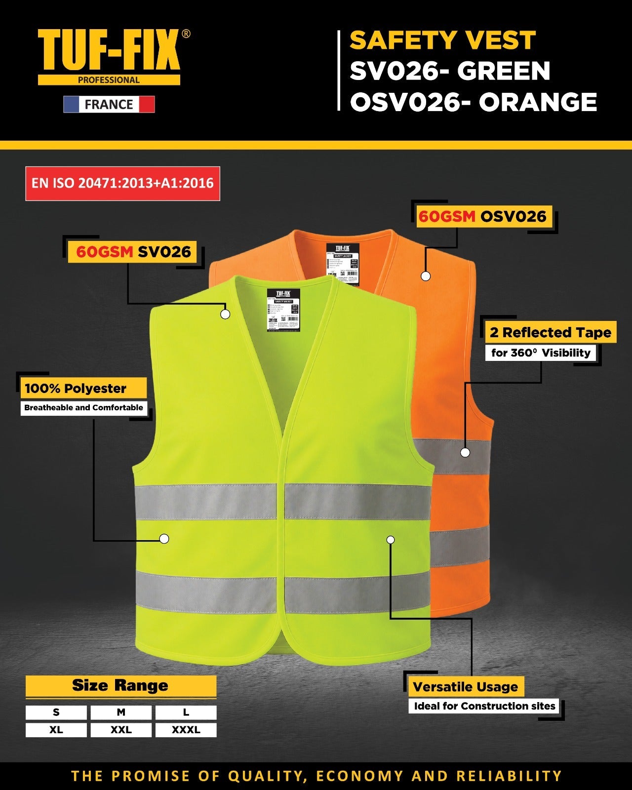 TUF-FIX SV029 green and OSV029 orange high-visibility safety vest leaflet featuring 120GSM heavy-duty polyester, 4 reflective tapes for 360-degree visibility, and EN ISO 20471 certification - Noor Al Wifaq Oman.
منشور منتج سترة سلامة عاكسة (SV029 Green & OSV029 Orange Safety Vest) من TUF-FIX يوضح مواصفات البوليستر بوزن 120GSM و4 أشرطة عاكسة ومطابقة معايير EN ISO 20471 - نور الوفاق عمان.
