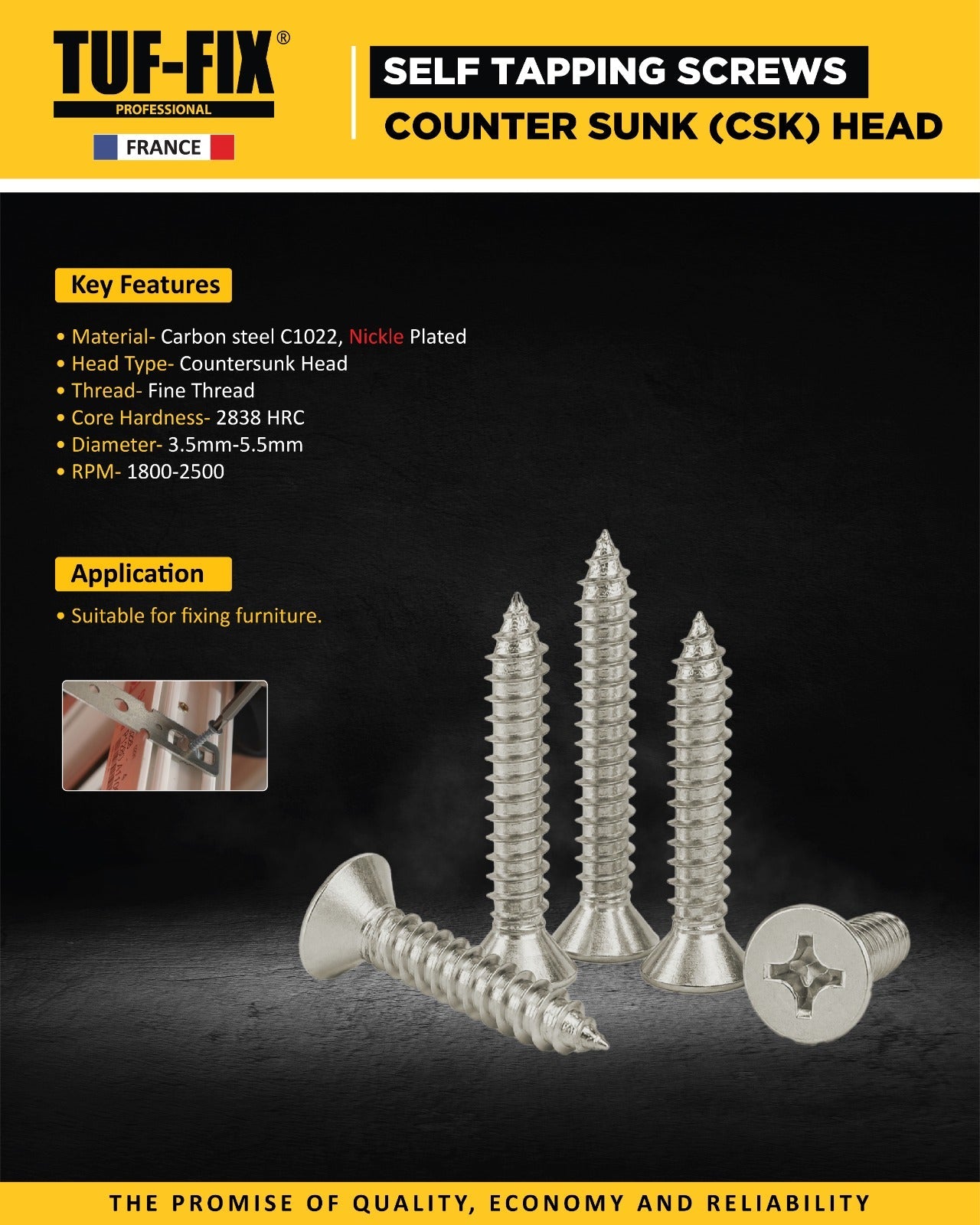 TUF-FIX self-tapping screws with countersunk CSK head product leaflet showing key features - Noor Al Wifaq, hardware distributor Oman.
منشور منتج براغي قلاووظ سن صاج (Self Tapping Screws) برأس غاطس CSK من TUF-FIX يوضح الميزات الأساسية - نور الوفاق، موزع أدوات ومعدات في سلطنة عمان.