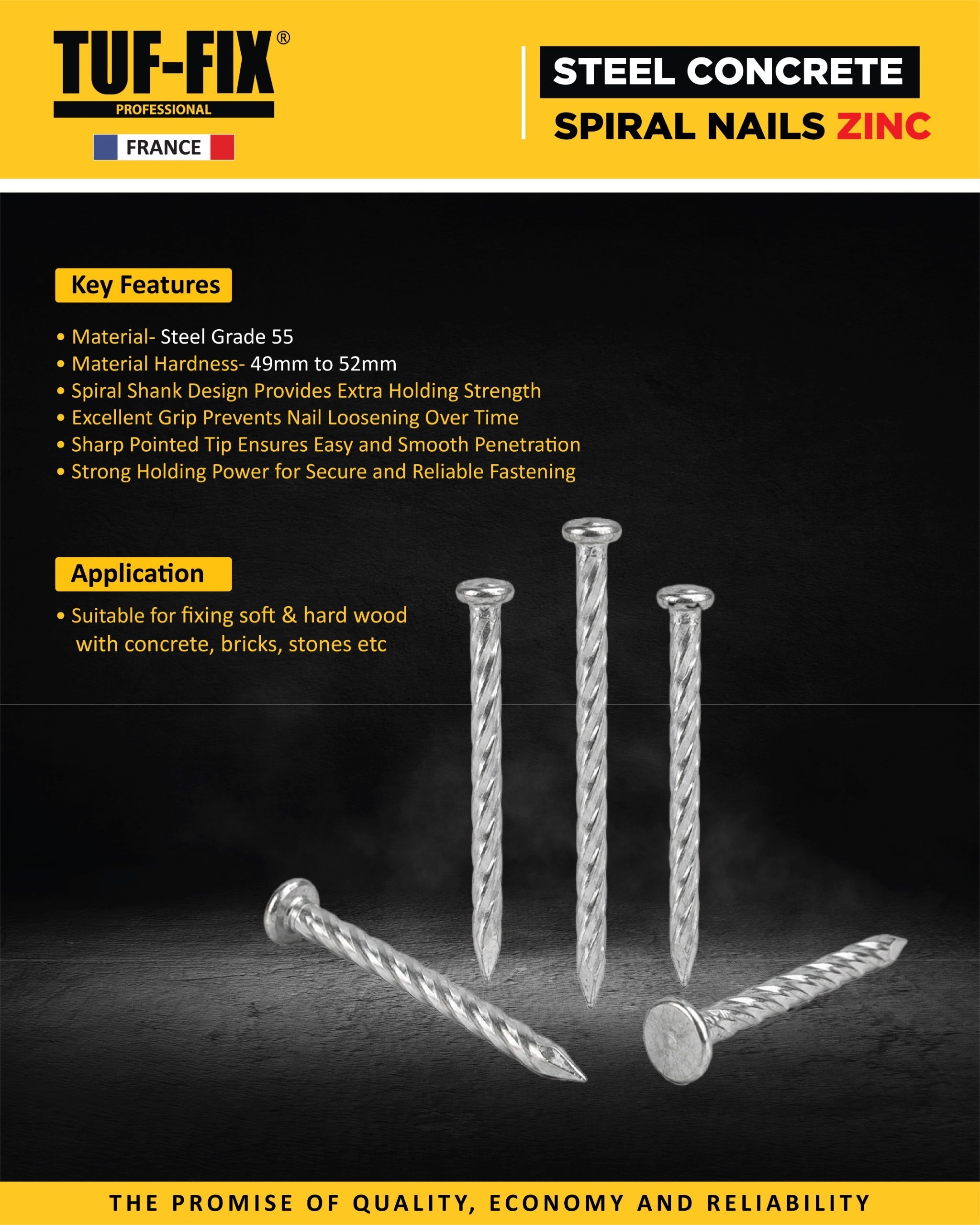 Premium TUF-FIX zinc-plated spiral masonry nails for professional construction work - Hardware distributor Muscat, Oman.
مسامير حوائط ملولبة مجلفنة ممتازة من TUF-FIX لأعمال البناء الاحترافية - موزع أدوات ومعدات مسقط، عمان.