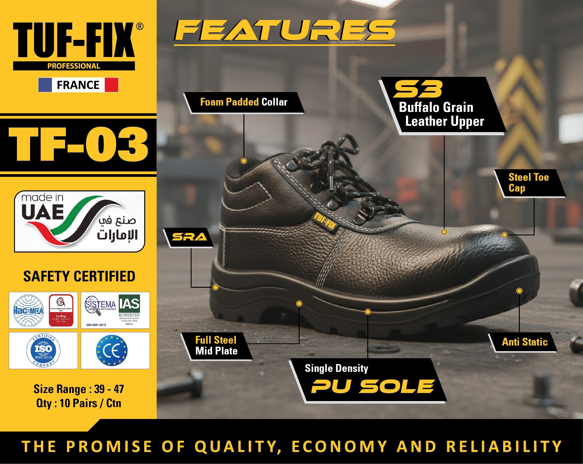 TUF-FIX TF-03 S3 buffalo grain leather safety shoe with steel toe cap and PU sole in Oman.
حذاء السلامة TUF-FIX TF-03 من جلد البافلو الحبيبي S3 مع غطاء إصبع قدم فولاذي ونعل PU في عمان