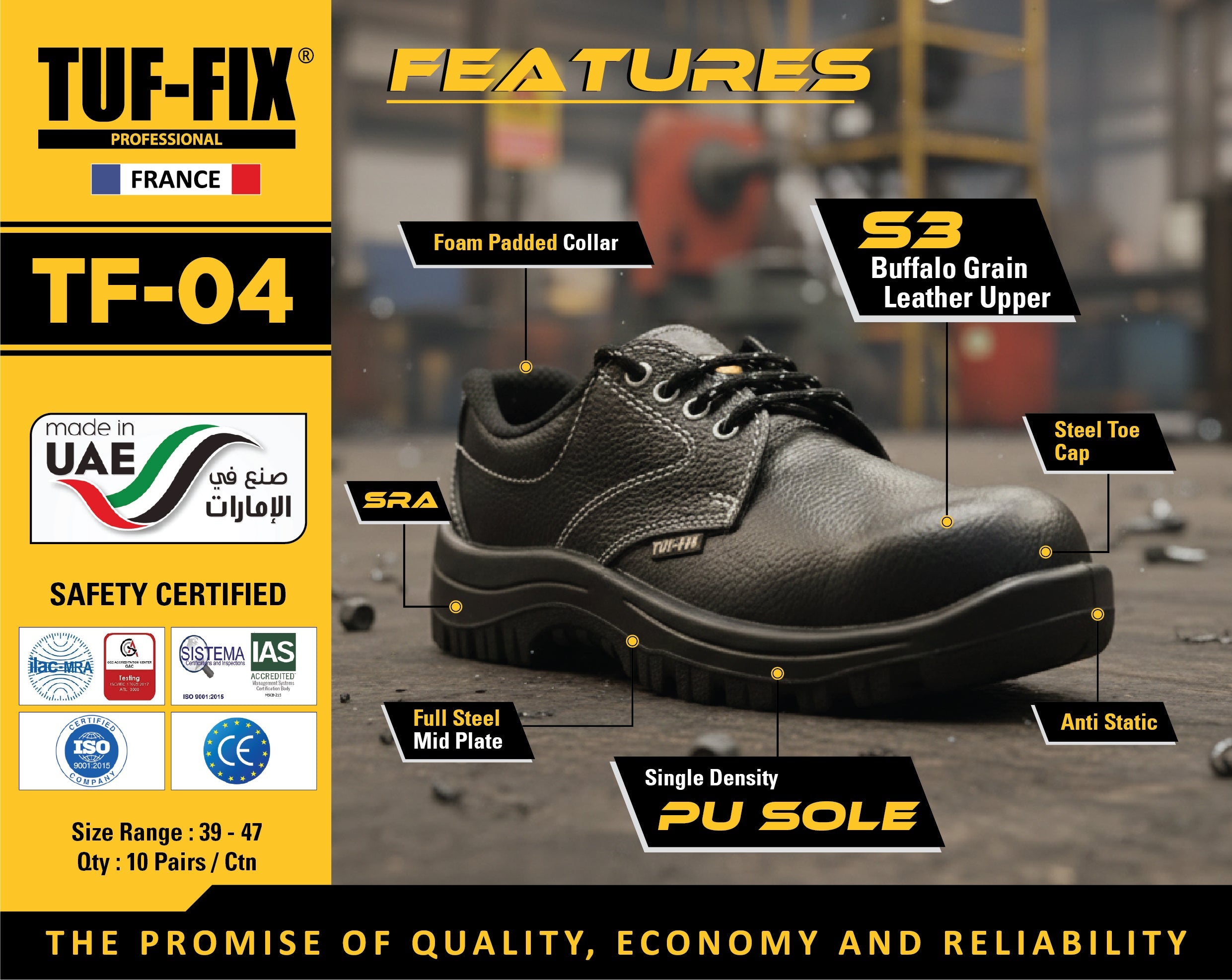 TUF-FIX TF-04 S3 buffalo grain leather safety shoe with steel toe cap and PU sole available in Oman.
حذاء السلامة TUF-FIX TF-04 من جلد البافلو الحبيبي S3 مع غطاء إصبع قدم فولاذي ونعل PU متوفر في عمان