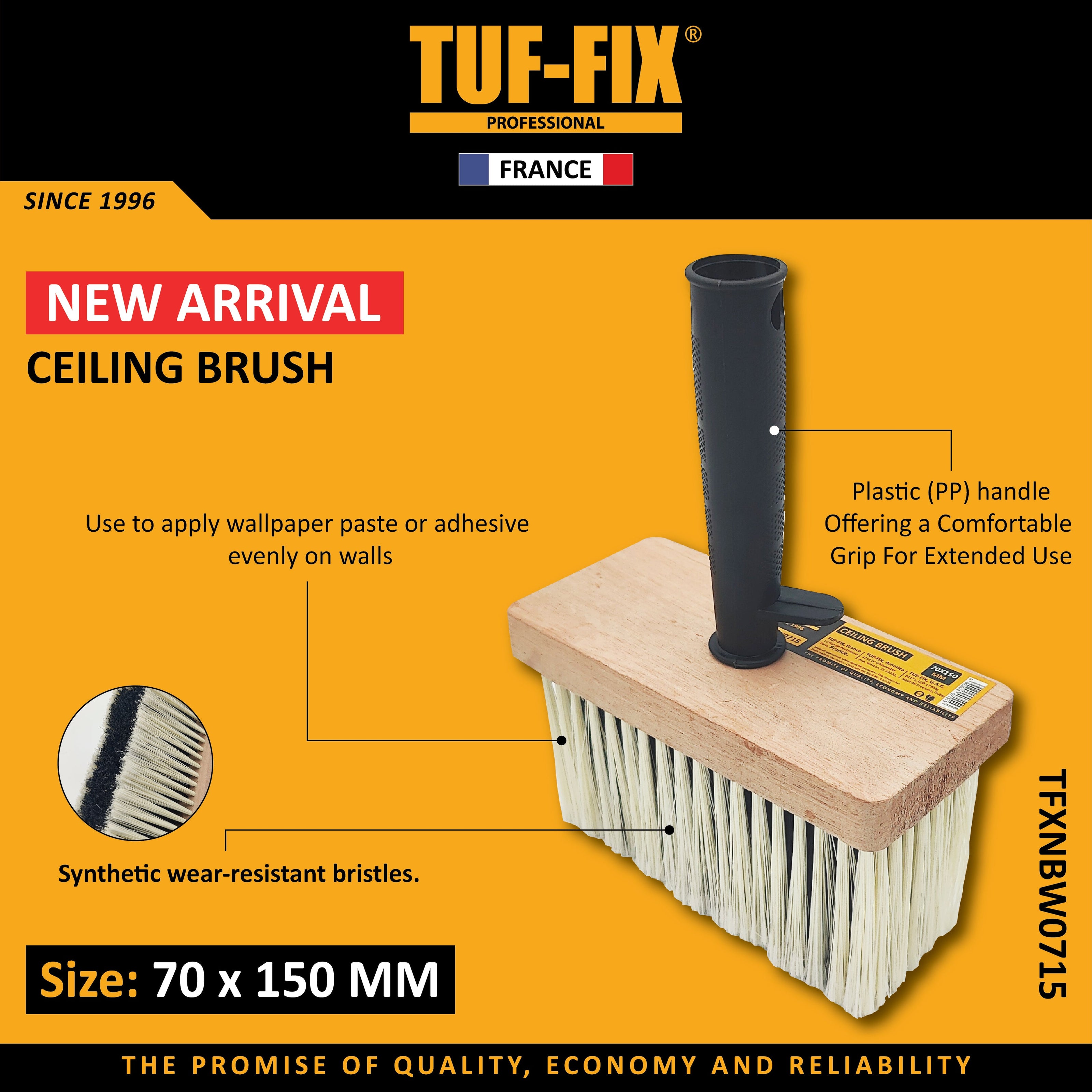 TUF-FIX TFXNBW0715 ceiling brush 70 x 150 mm with synthetic wear-resistant bristles in Muscat, Sohar, and Salalah Oman.
فرشاة سقوف وجدران (فرشاة تبريش) مقاس 70 × 150 مم TUF-FIX TFXNBW0715 في مسقط، صحار، وصلالة عمان