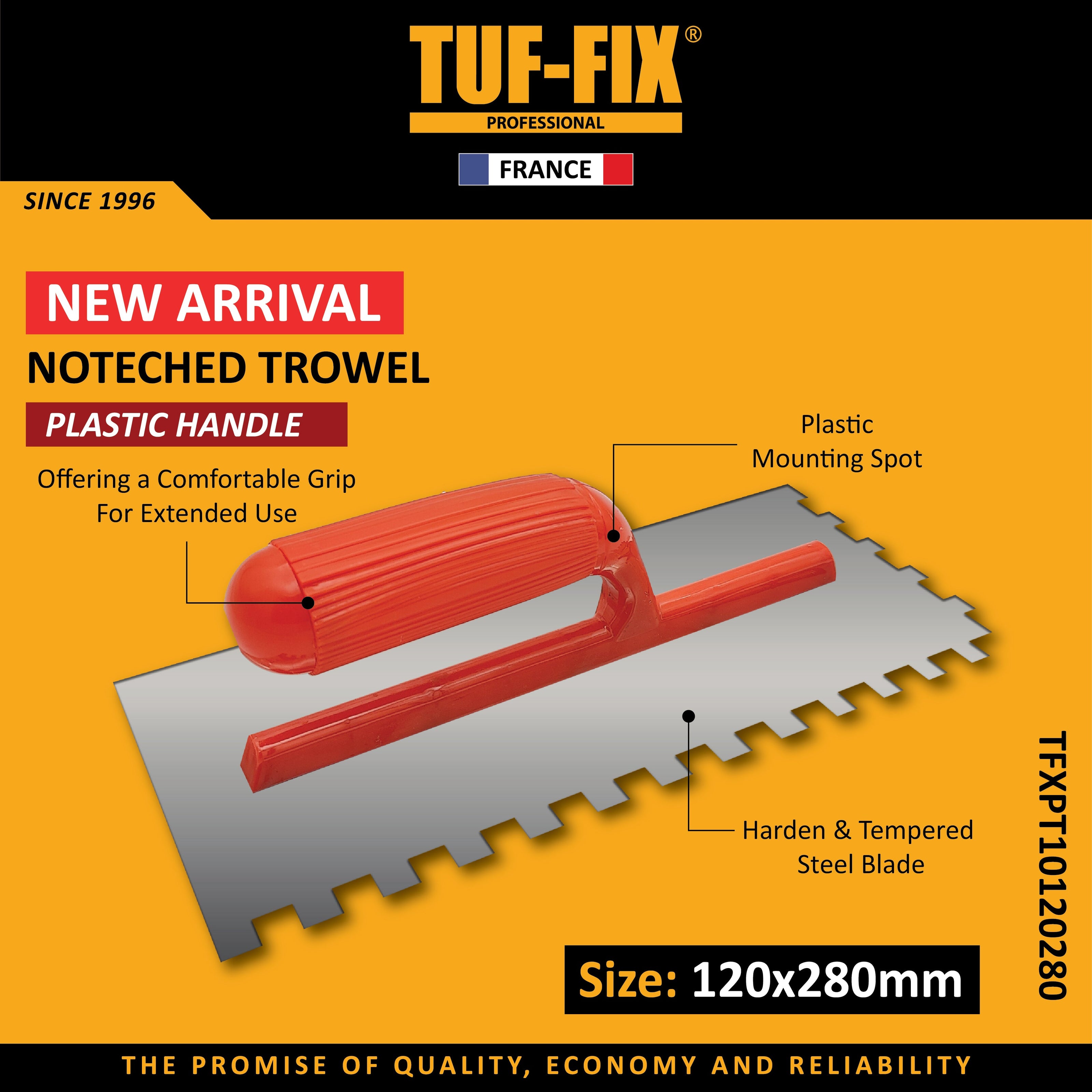 TUF-FIX 120x280mm notched trowel with red plastic handle and hardened steel blade available in Oman.
مسطين مشرشر (مالج) مقاس 120×280 مم من TUF-FIX بمقبض بلاستيكي أحمر وشفرة فولاذية متوفر في عمان