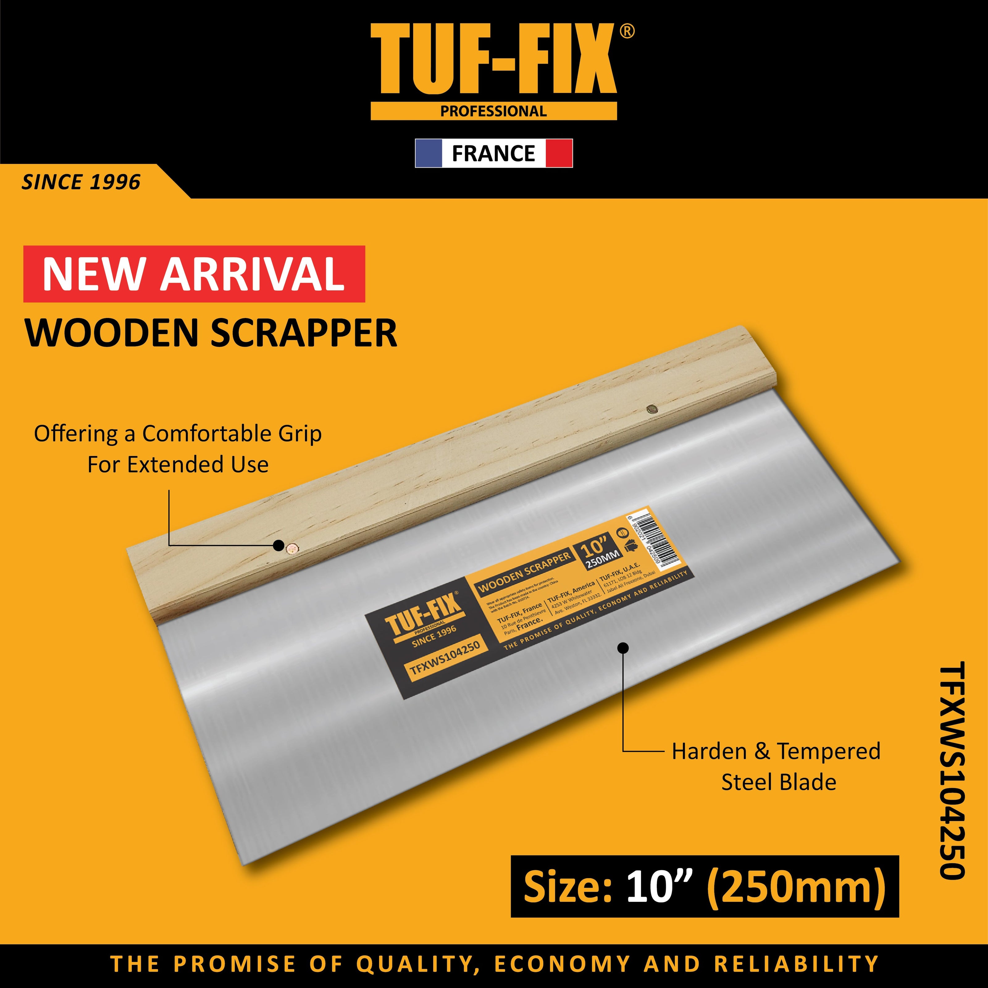 TUF-FIX 10-inch wooden scraper with hardened and tempered steel blade for construction work in Oman.
مكشطة بمقبض خشبي 10 بوصة TUF-FIX مع شفرة فولاذية مقسّاة ومطروقة لأعمال البناء في عمان