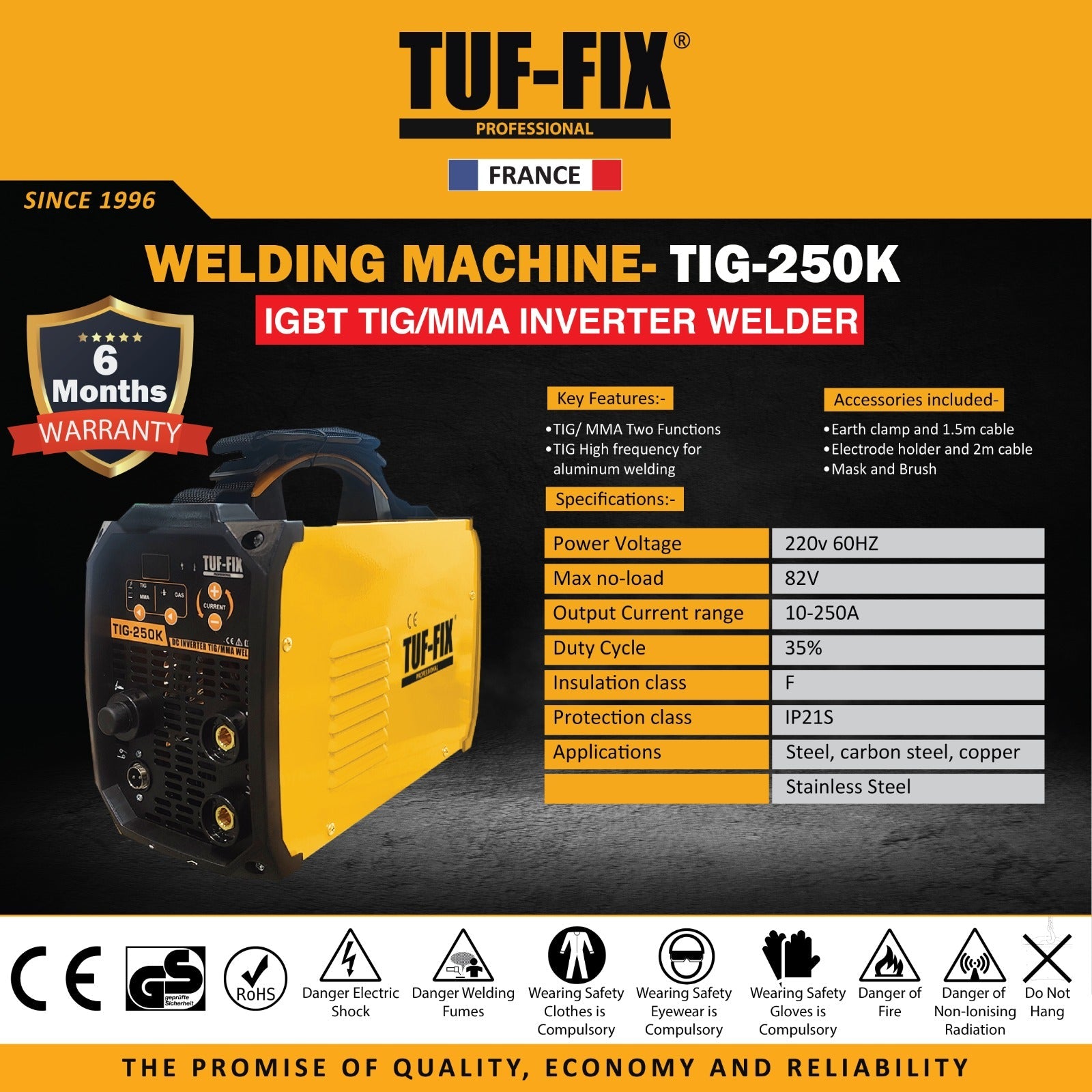 TUF-FIX TIG-250K IGBT TIG MMA Inverter Welder machine technical specification chart in Muscat Oman.
مخطط المواصفات الفنية لماكينة عاكس لحام تاف فيكس TIG-250K كهرباء وتيج في مسقط عُمان