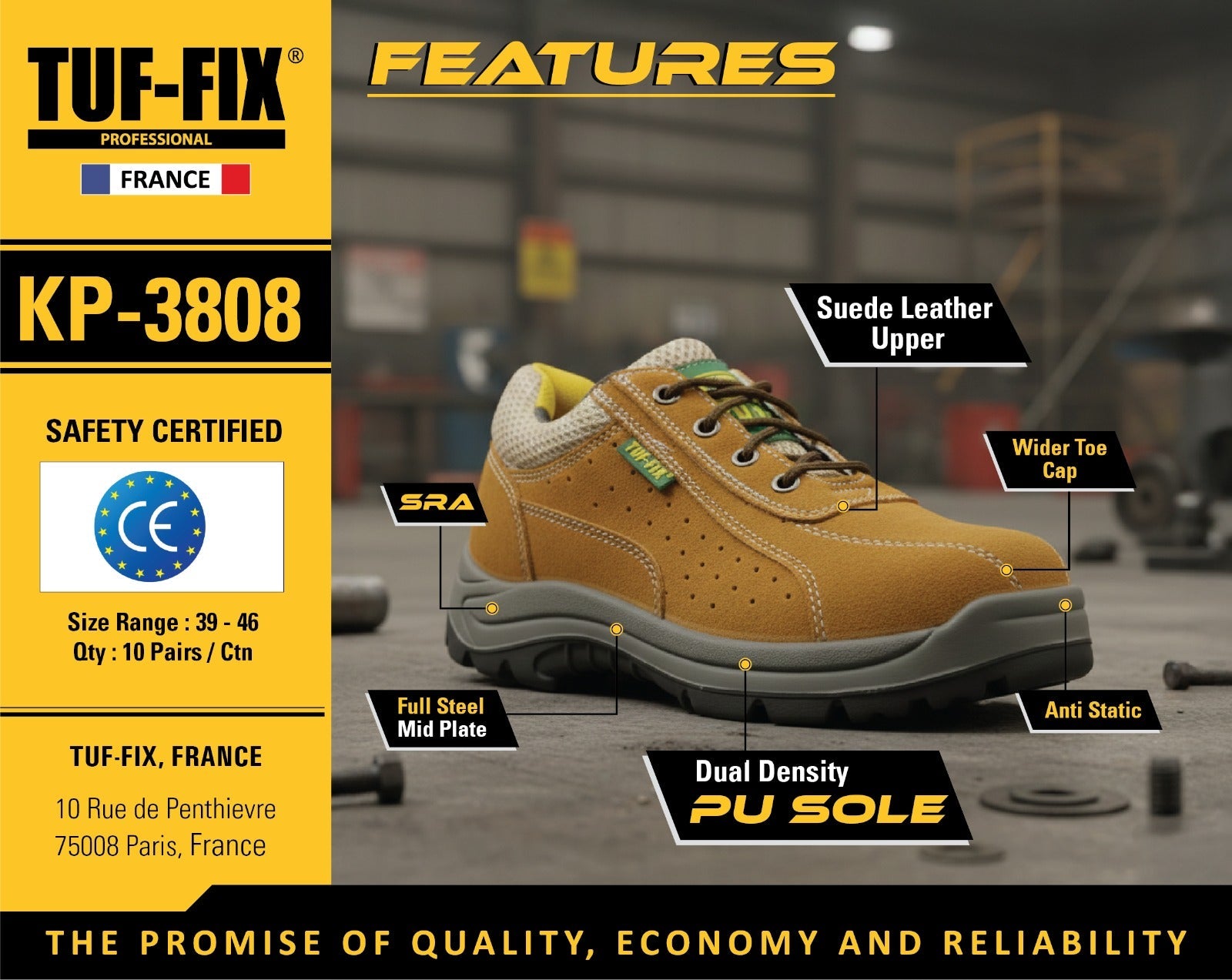 TUF-FIX KP-3808 tan suede leather safety shoe with dual density PU sole and steel mid plate in Oman.
حذاء سلامة شمواه بني فاتح TUF-FIX KP-3808 مع نعل PU مزدوج الكثافة وصفيحة فولاذية في عمان