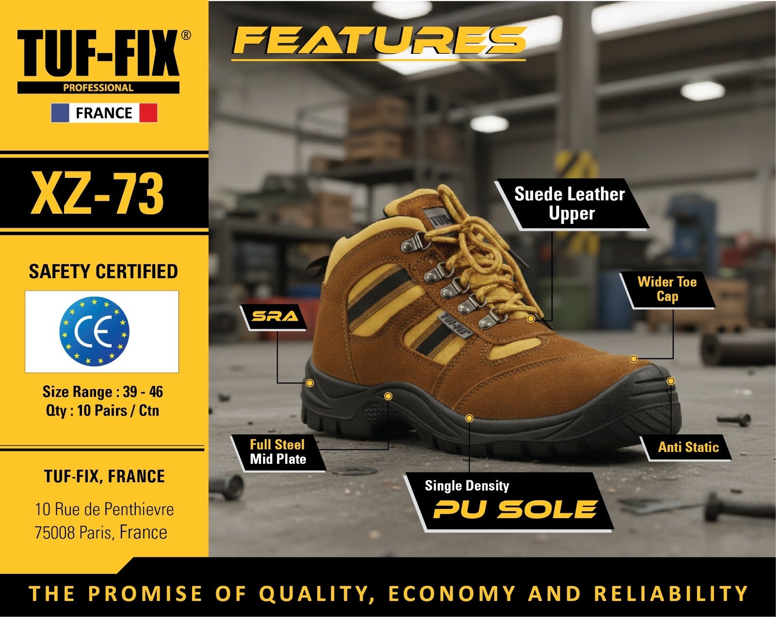TUF-FIX XZ-73 mid-cut brown suede leather safety boot with single density PU sole and steel mid plate in Oman.
أحذية سلامة صناعية شمواه معتمدة ومضادة للكهرباء الساكنة TUF-FIX XZ-73 لفرق الصناعة والبناء والورش في سلطنة عمان