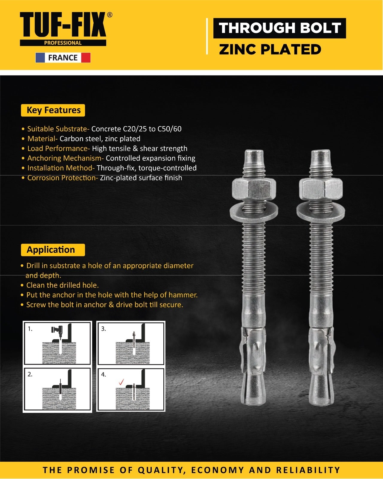 TUF-FIX zinc-plated through bolt anchor product leaflet showing key features and concrete installation steps - Noor Al Wifaq, hardware distributor Oman.
منشور منتج مسمار تثبيت نافذ / مرساة ممتدة (Through Bolt) مجلفن من TUF-FIX يوضح الميزات الأساسية وخطوات التركيب في الخرسانة - نور الوفاق، موزع أدوات ومعدات في سلطنة عمان.
