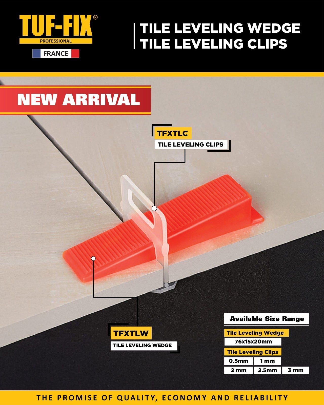 TUF-FIX tile leveling wedge and clips spacer system with 0.5mm to 3mm options in Muscat, Sohar, and Salalah Oman.
نظام مساواة البلاط والسيراميك (كلبسات وإسفين ميزان البلاط) مقاسات من 0.5 إلى 3 مم من TUF-FIX في مسقط، صحار، وصلالة عمان