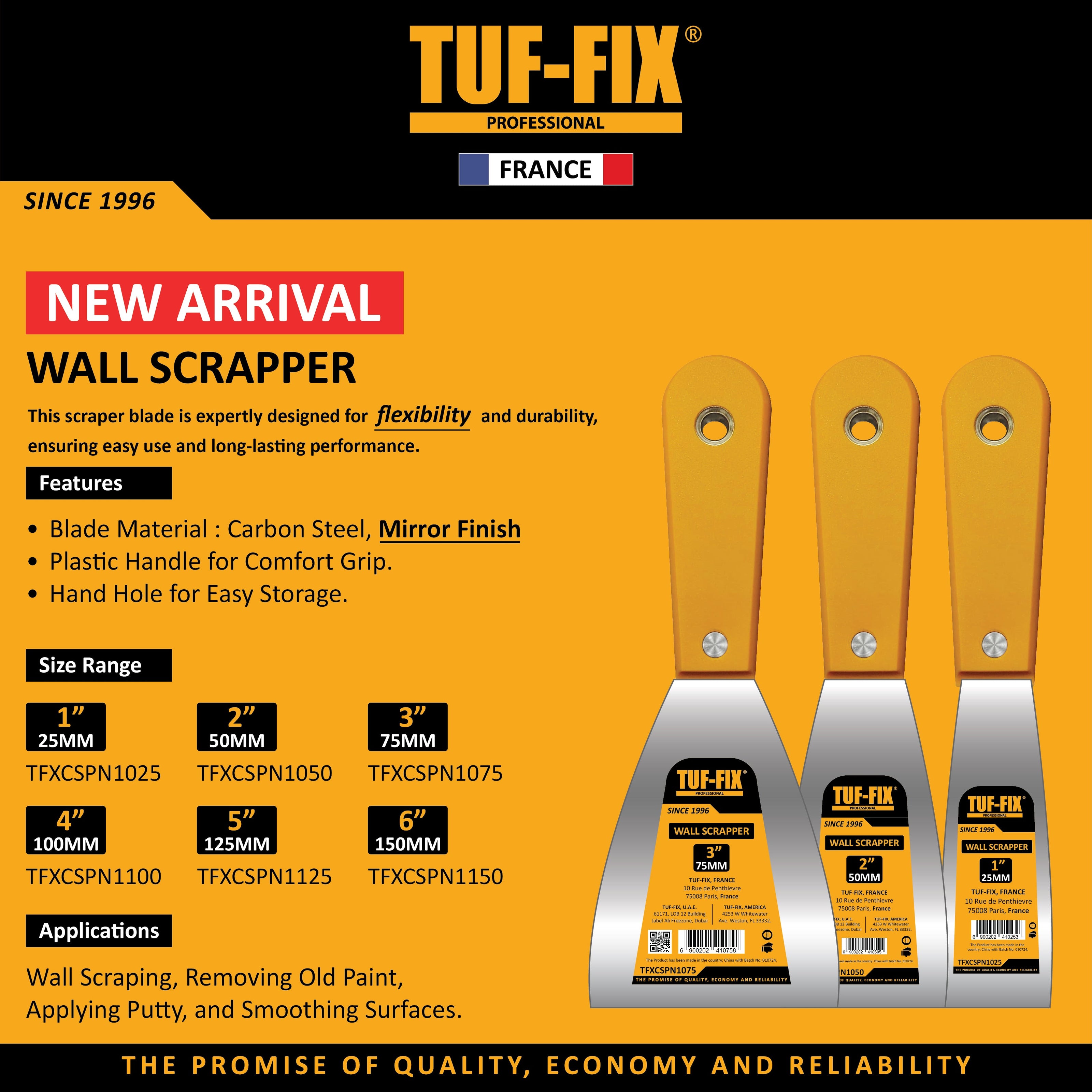 TUF-FIX carbon steel wall scraper with mirror finish and comfort grip plastic handle available in Oman.
مكشطة جدران (سكينة معجون) كربون ستيل TUF-FIX بمقبض بلاستيكي مريح متوفرة في عمان