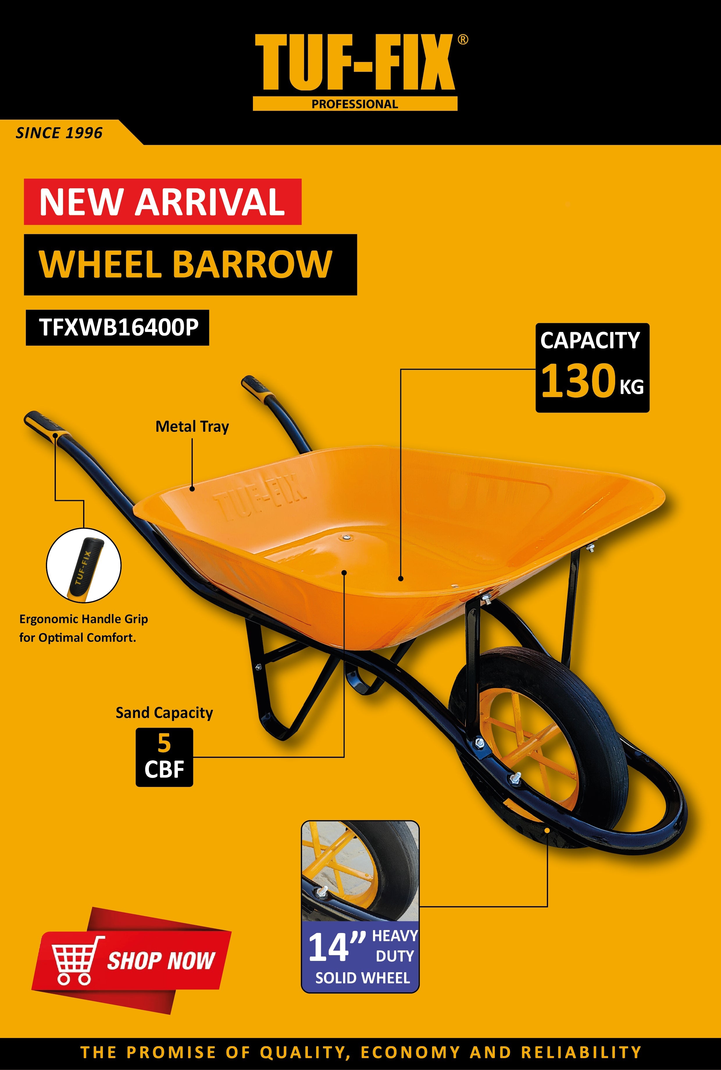 TUF-FIX TFXWB16400P heavy duty orange wheelbarrow with 130 kg capacity in Muscat, Sohar, and Salalah Oman.
عربة يد إنشائية (ركسة) برتقالية TUF-FIX TFXWB16400P سعة 130 كجم في مسقط، صحار، وصلالة عمان