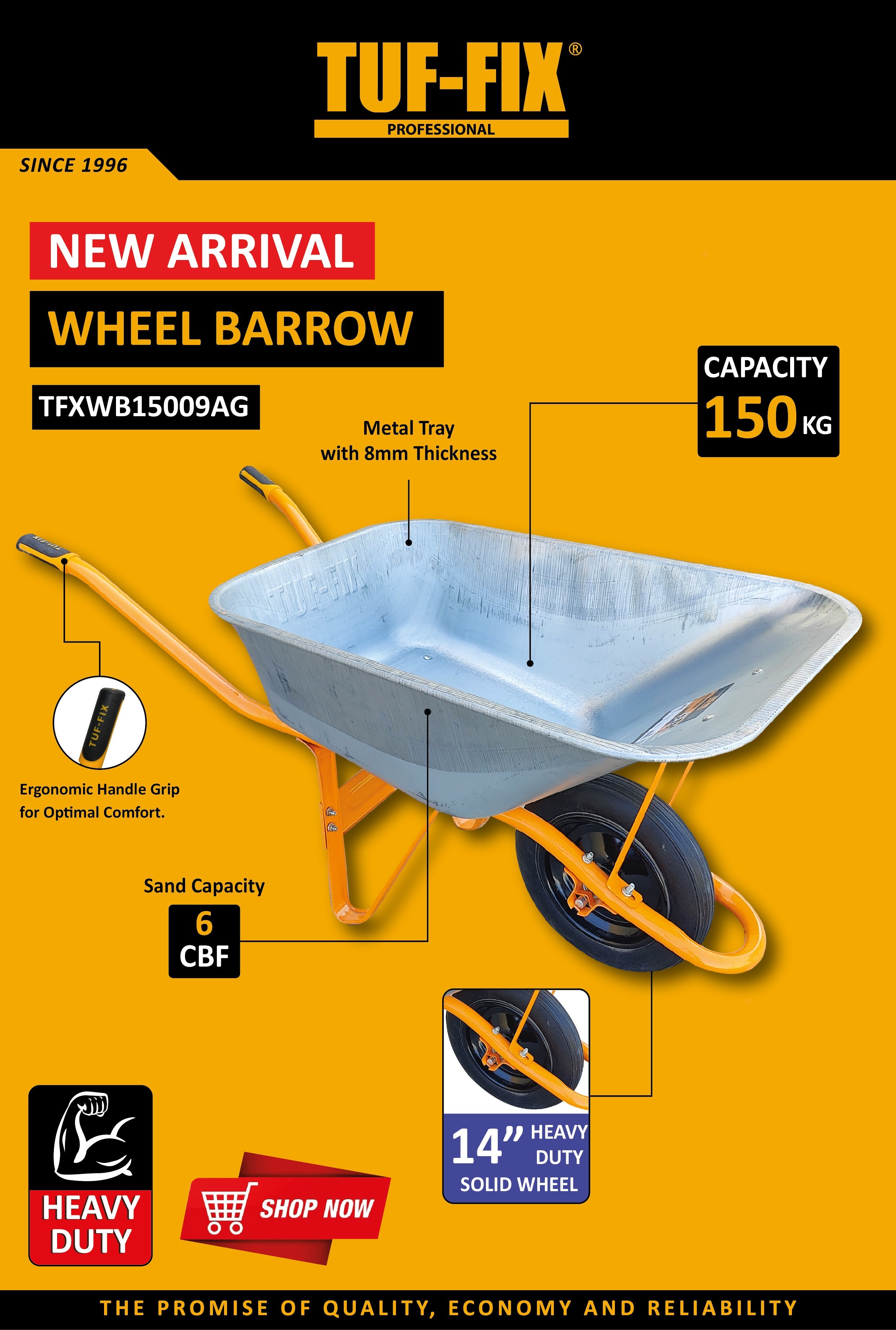 TUF-FIX TFXWB15009AG heavy duty 150kg wheelbarrow with 14-inch solid wheel in Muscat, Sohar, and Salalah Oman.
عربة يد إنشائية (ركسة) TUF-FIX TFXWB15009AG سعة 150 كجم مع عجلة صلبة 14 بوصة في مسقط، صحار، وصلالة عمان