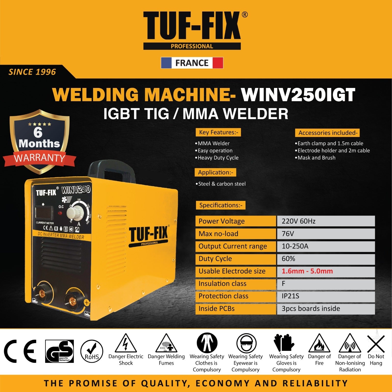TUF-FIX WINV250IGT IGBT TIG MMA Welding Machine technical specification diagram in Muscat Oman.
مخطط المواصفات الفنية لماكينة لحام تاف فيكس WINV250IGT تفجير وتيج لحام كهربائي في مسقط عمان