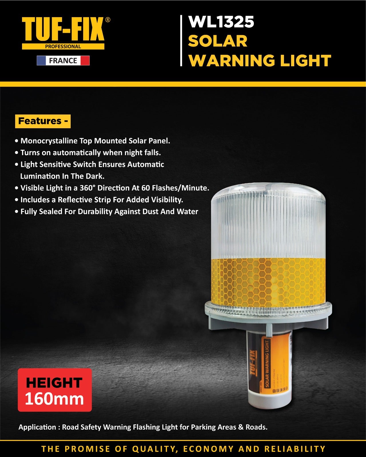 TUF-FIX WL1325 solar-powered LED flashing warning light for construction and parking areas in Oman.
مصباح تحذيري وامض بالطاقة الشمسية TUF-FIX WL1325 لمواقع البناء ومواقف السيارات في سلطنة عمان