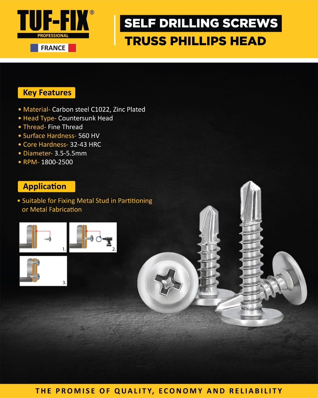 TUF-FIX truss phillips head self-drilling screws product leaflet with application details - Noor Al Wifaq, industrial fasteners supplier Oman.
منشور منتج براغي التثبيت الذاتي (Self-Drilling Screws) برأس فيليبس من TUF-FIX مع تفاصيل الاستخدام - نور الوفاق، مورد مثبتات صناعية في عمان.