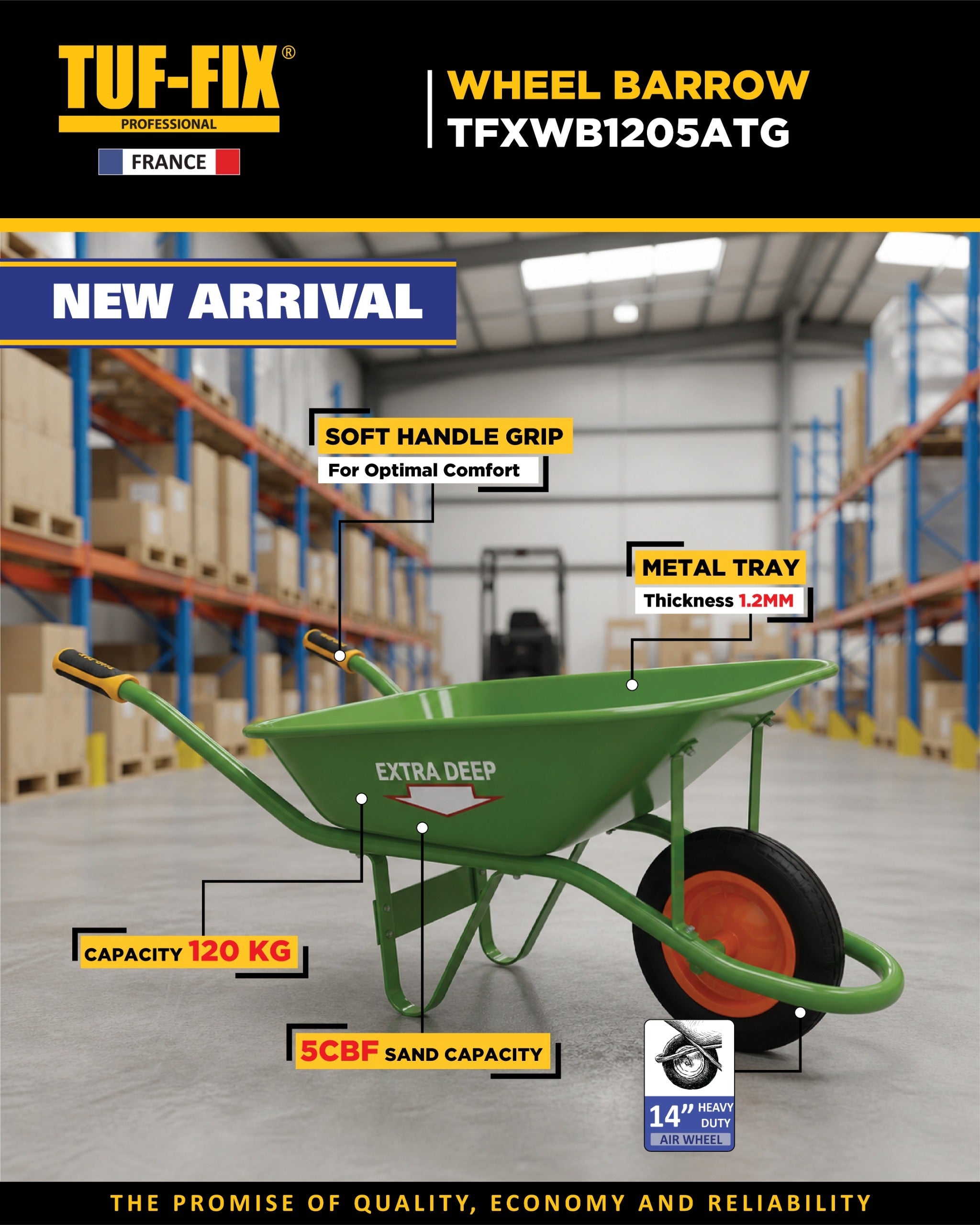 TUF-FIX TFXWB1205ATG heavy duty green wheelbarrow with 120 kg sand capacity in Muscat, Sohar, and Salalah Oman.
عربة يد زراعية وإنشائية (ركسة) خضراء TUF-FIX TFXWB1205ATG سعة 120 كجم في مسقط، صحار، وصلالة عمان