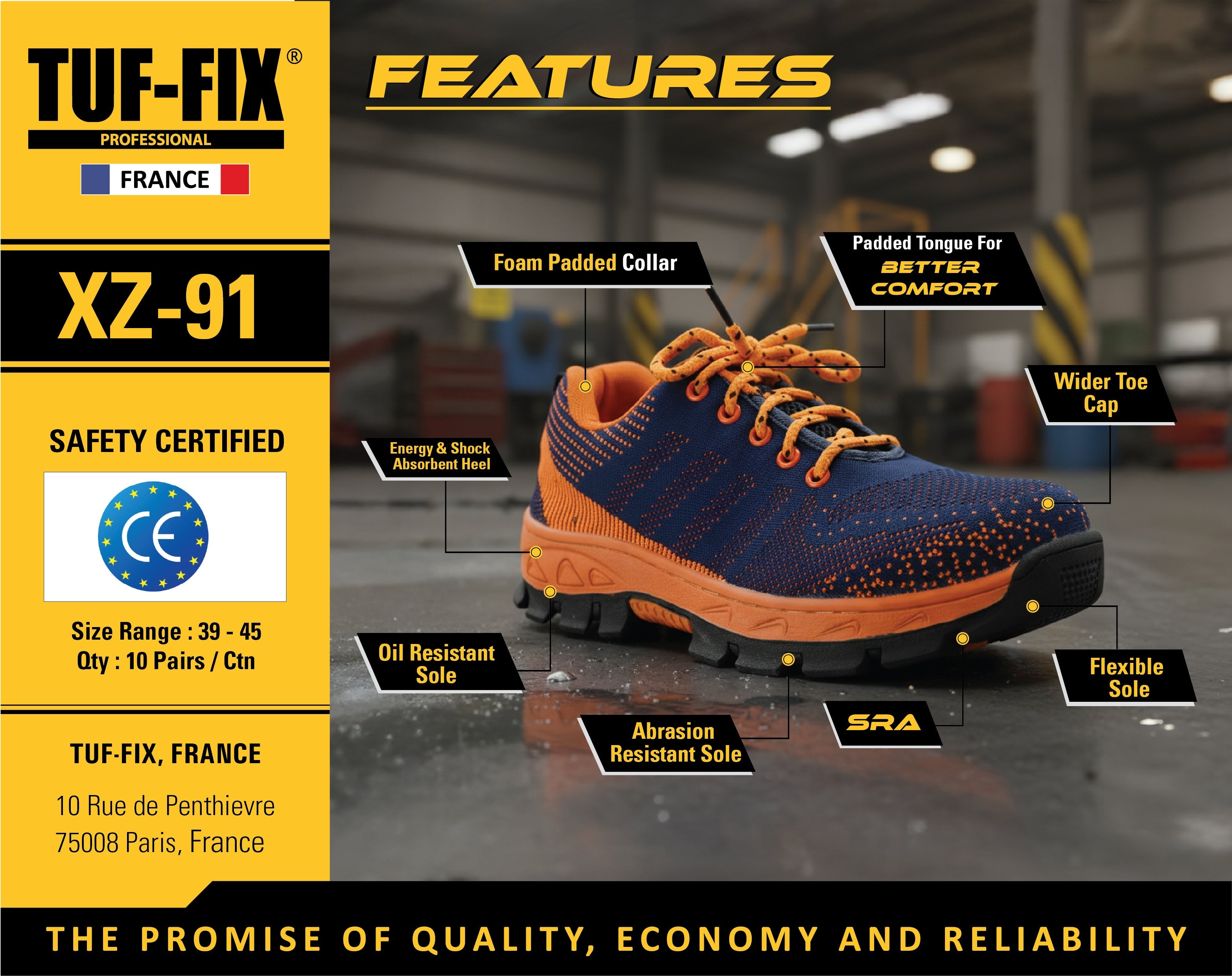 TUF-FIX XZ-91 lightweight sporty safety shoe with oil resistant and flexible sole available in Oman.
حذاء سلامة رياضي خفيف الوزن TUF-FIX XZ-91 مع نعل مرن ومقاوم للزيوت متوفر في عمان