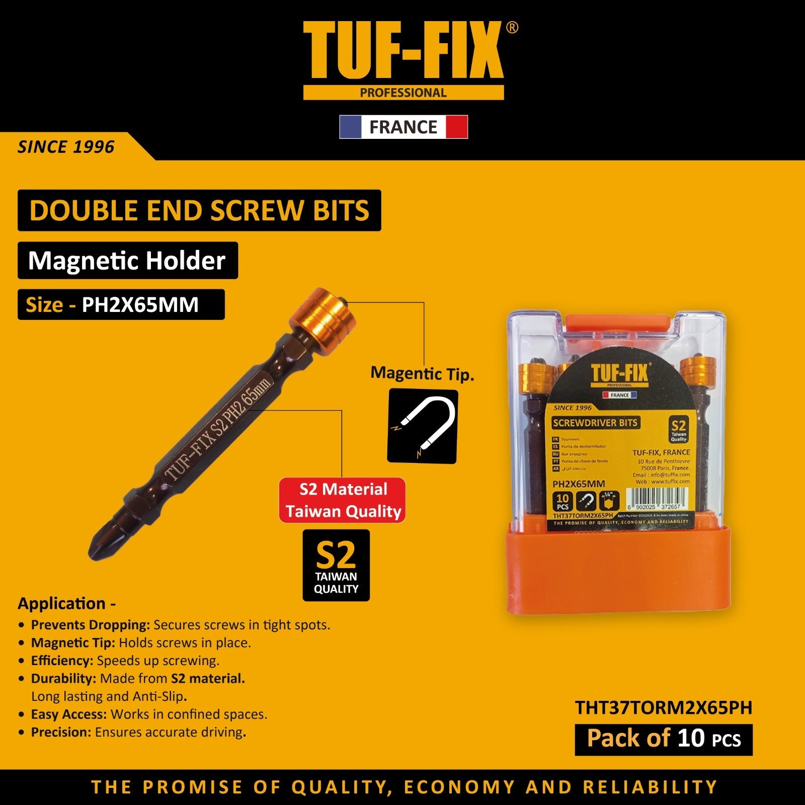TUF-FIX THT37TORM2X65PH PH2x65mm double end screw bits with magnetic holder sleeve in Muscat, Sohar, and Salalah Oman.
لقم مفك براغي مزدوجة الطرف مقاس PH2×65 مم مع حامل مغناطيسي متطور من TUF-FIX في مسقط، صحار، وصلالة عمان