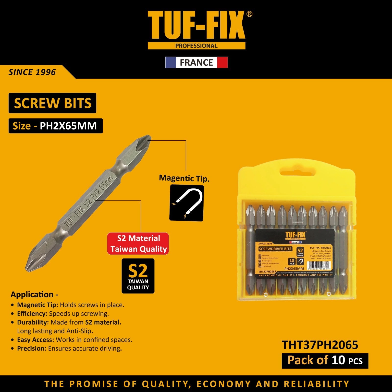 TUF-FIX THT37PH2065 PH2x65mm magnetic screw bits pack of 10 pcs in Muscat, Sohar, and Salalah Oman.
طقم لقم مفك براغي مغناطيسية مقاس PH2×65 مم مكون من 10 قطع TUF-FIX في مسقط، صحار، وصلالة عمان