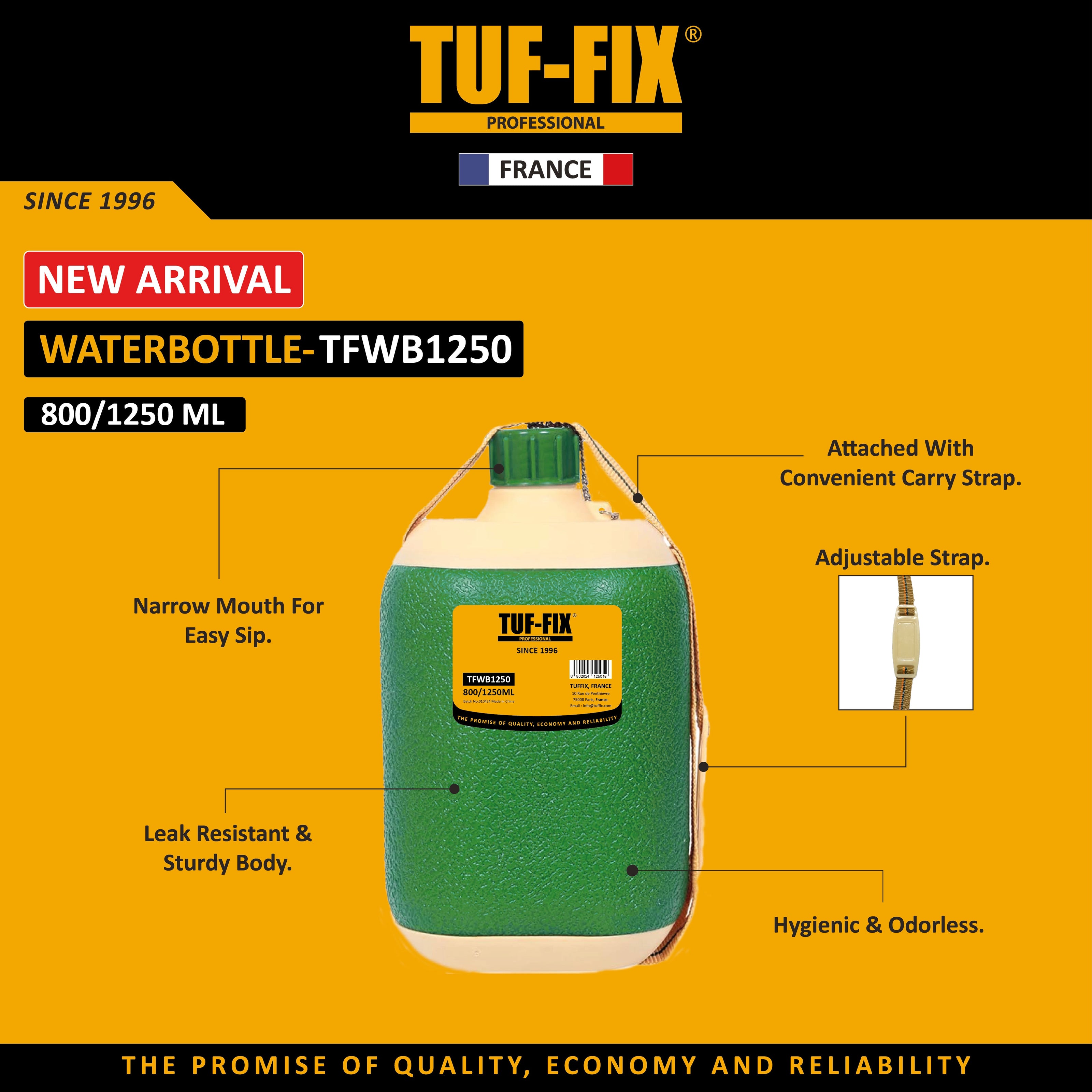 TUF-FIX TFWB1250 insulated 1250ml water bottle with adjustable carry strap for site workers in Muscat, Sohar, and Salalah Oman.
مطارة ماء (زمزمية) عازلة للحرارة TUF-FIX TFWB1250 سعة 1250 مل مع حزام كتف في مسقط، صحار، وصلالة عمان